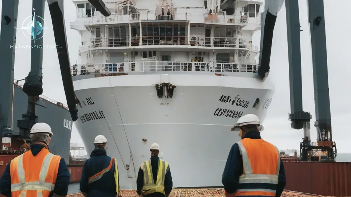 Deck crew heaving mooring lines aboard a US-flagged merchant cargo ship alongside a terminal
