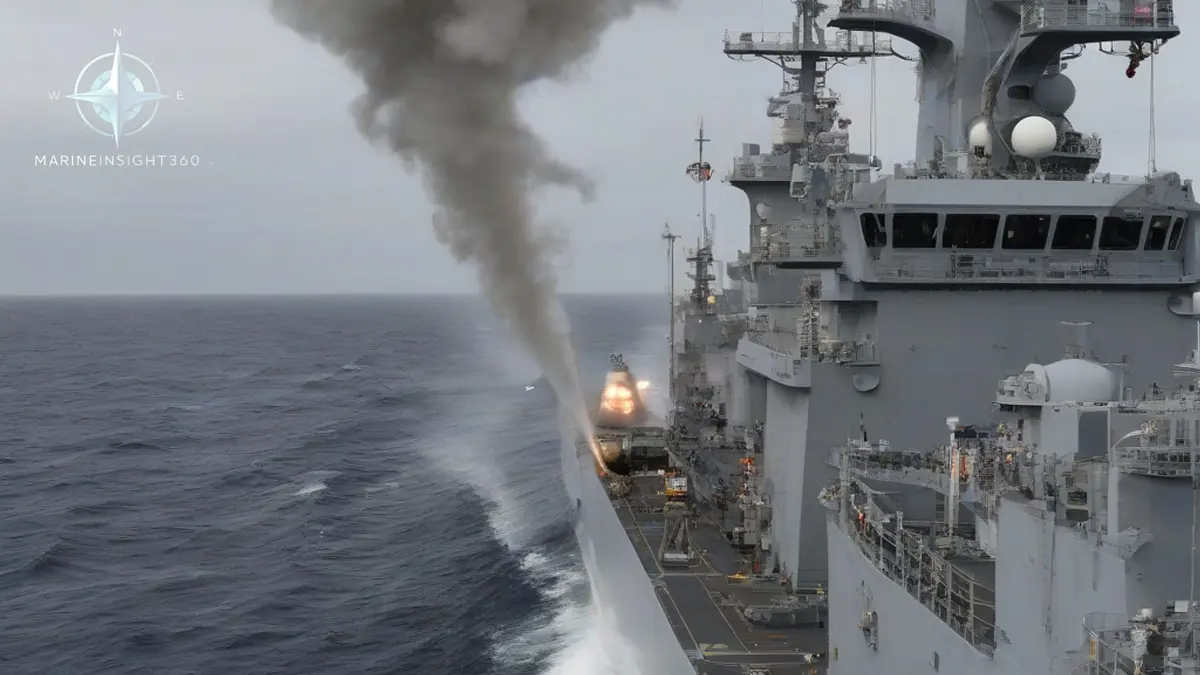 Military Sealift Command oiler refuelling a warship at sea while mariners work the winches