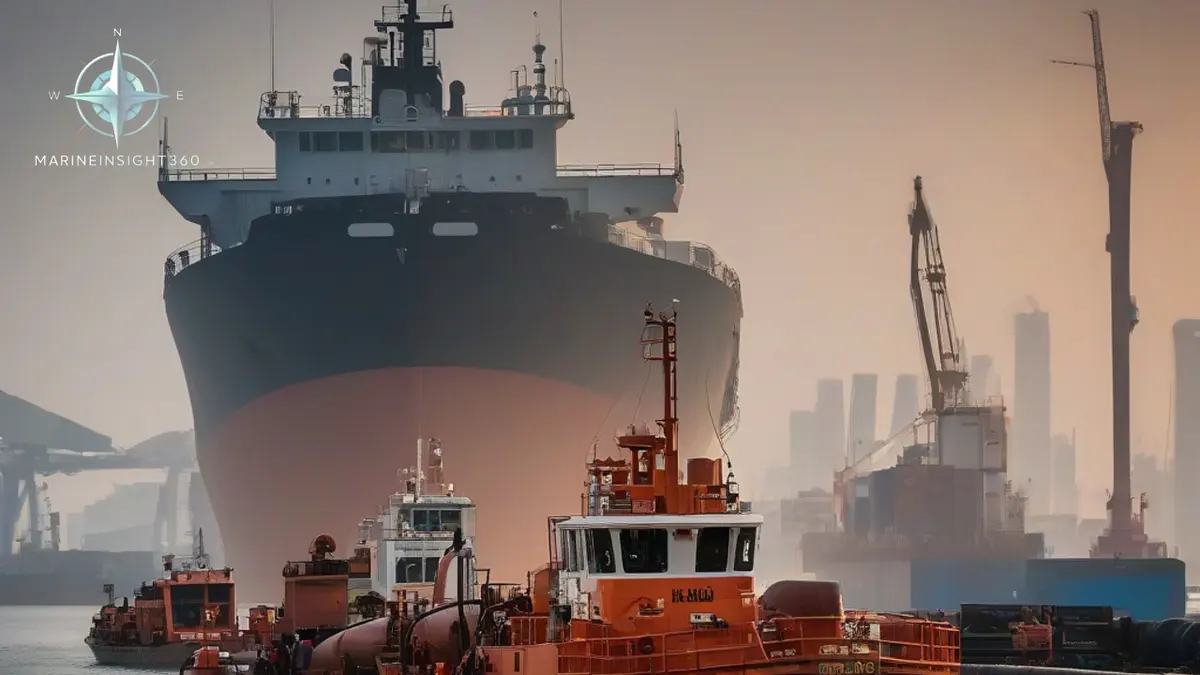 Bunker barge and harbour tug working alongside a tanker inside Singapore port limits at dawn
