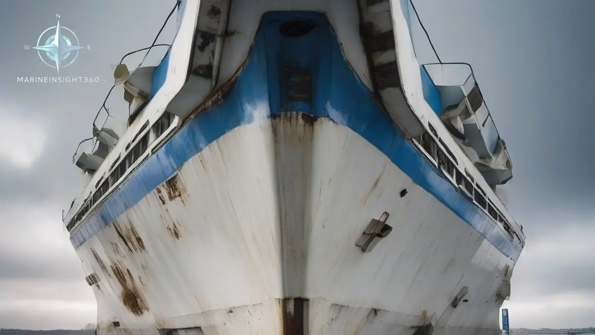 Closed hinged bow visor of a Baltic ro-ro passenger ferry seen from the quay in wet grey weather