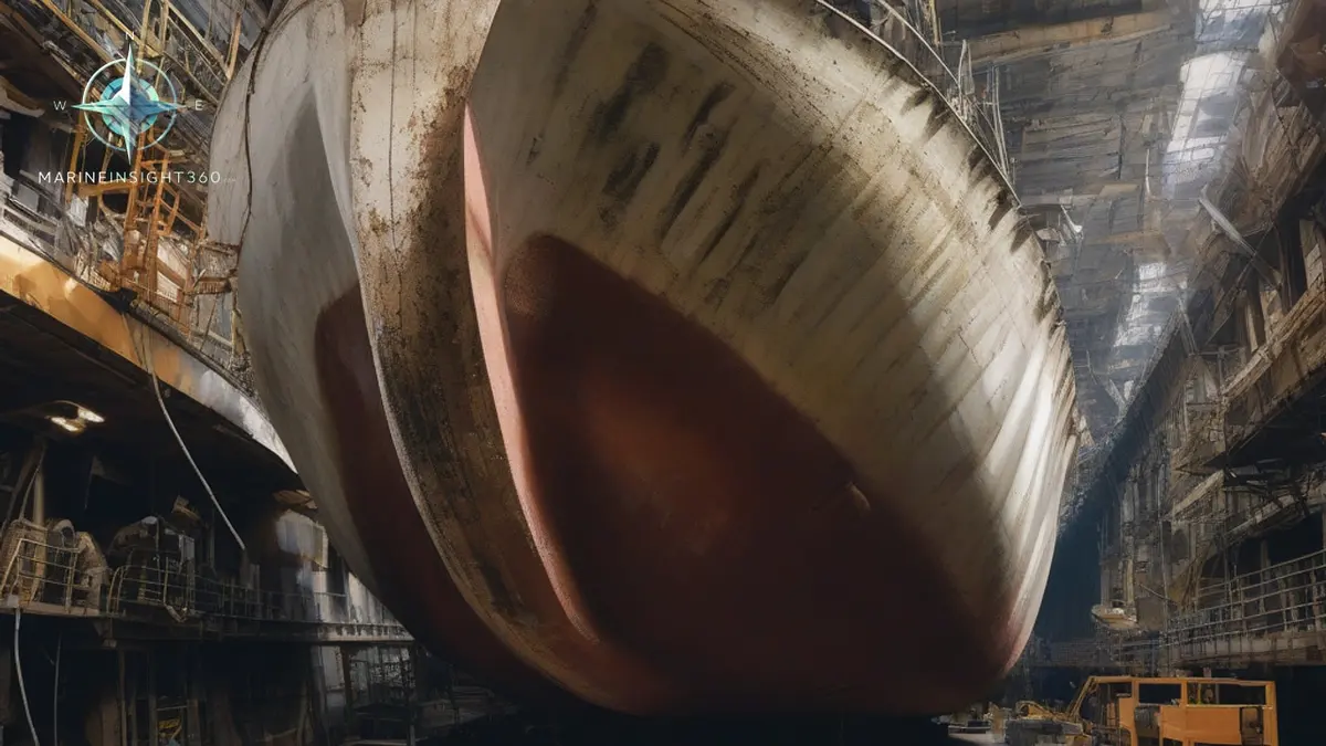 Merchant ship hull in dry dock with yard staff holding hull plans at the keel blocks