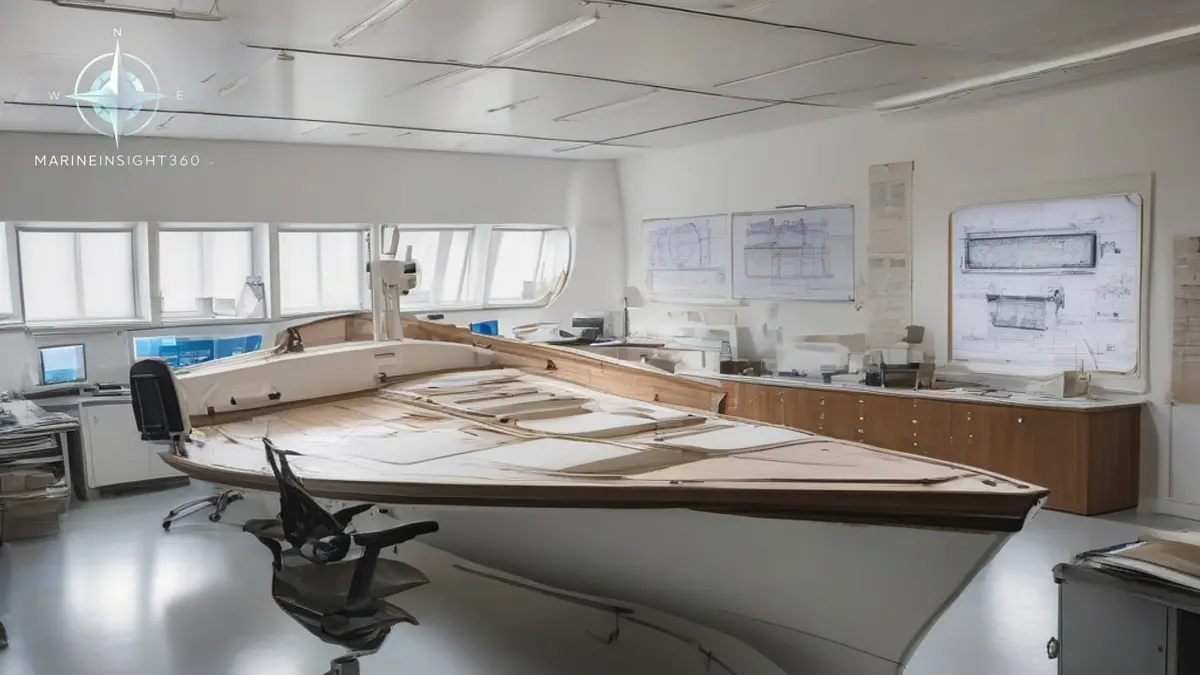 Hull lines plan weighted on a layout table in a naval architecture office beside stability curves on screen