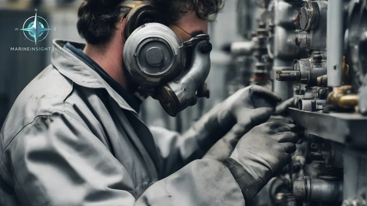 Naval engineer in ear defenders checking a valve and gauge panel in a warship machinery space