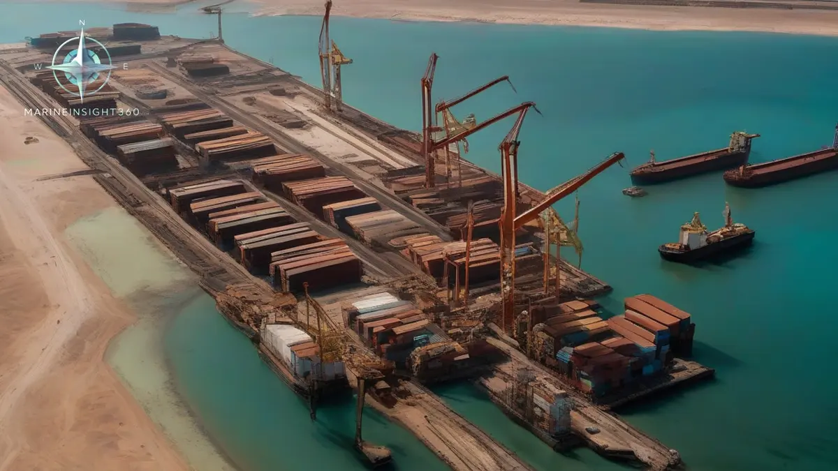 Octagonal port platform under construction on the Red Sea coast at Oxagon, with barges and a jack-up crane