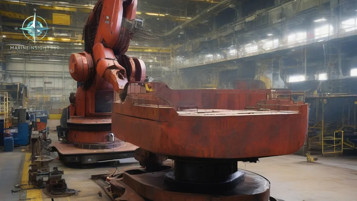 Robotic welding arm and a four-legged inspection robot working a steel ship block