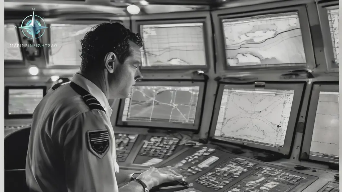 Deck officer at an ECDIS console on a merchant ship bridge at night during passage planning