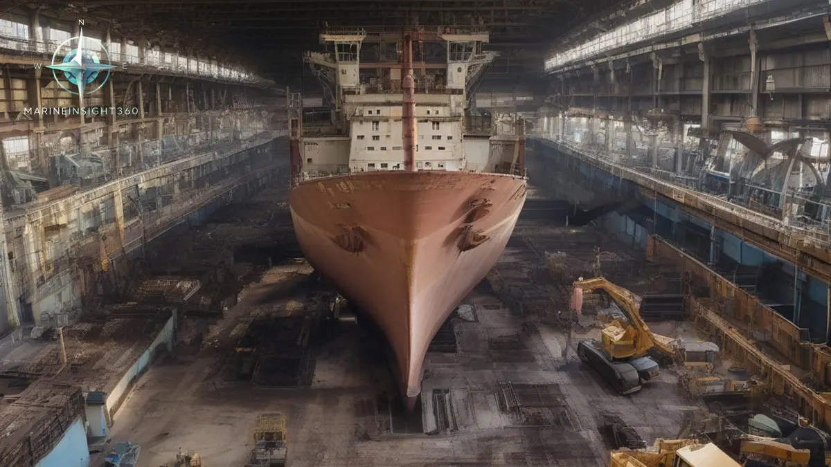 Stripped bulk carrier on keel blocks in a dry dock as a shore crane lifts away a cut steel section