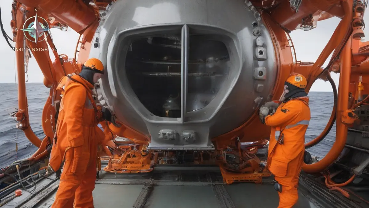 Small crewed deep-diving submersible in its launch cradle on a support ship's after deck