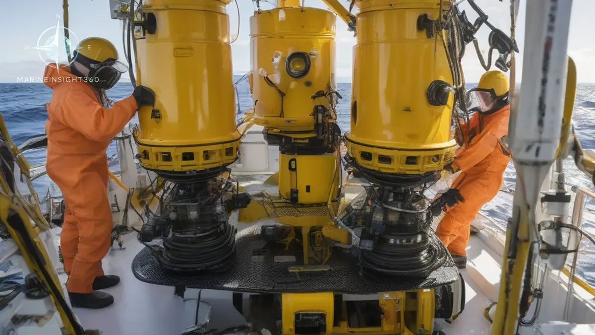 Technicians in flotation suits preparing a yellow remotely operated vehicle for launch from a research vessel