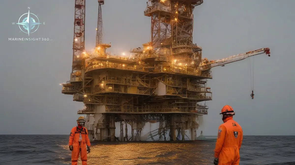 Offshore drilling platform in shallow Gulf water with an emergency response vessel standing off at first light