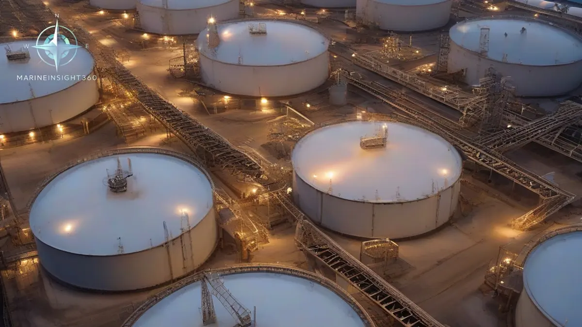 Rows of floating-roof crude storage tanks at a coastal export terminal at dusk beside a jetty