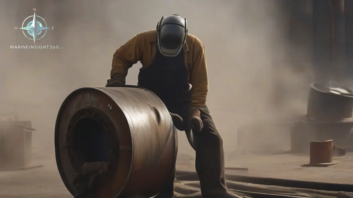 Welder striking an arc on a road tanker barrel standing on trestles in a dusty repair yard