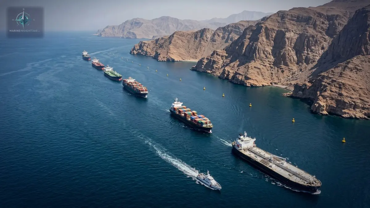 Oman Announces Temporary Shipping Route Through the Strait of Hormuz illustrated with maritime compliance checks for Marine Insight 360 readers