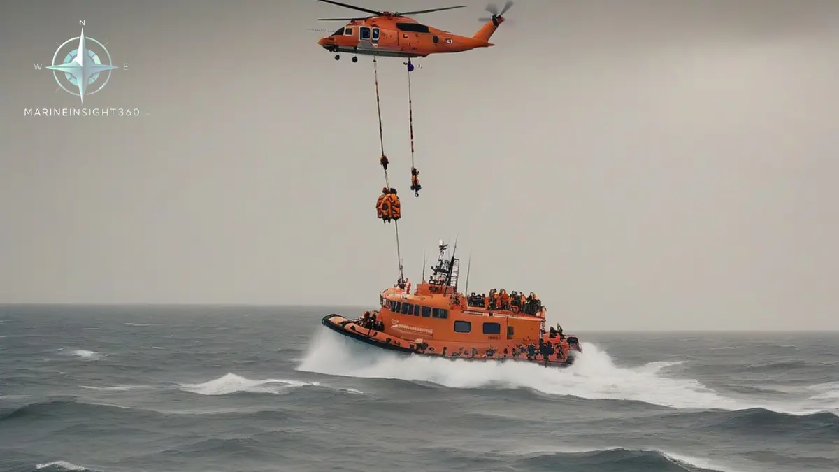 Orange enclosed lifeboat in a long swell as a rescue helicopter lowers a winchman off Oman