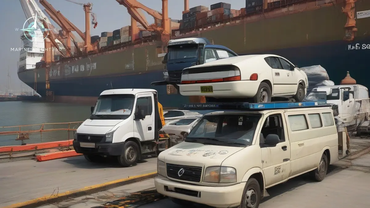 New electric cars driven ashore down the stern ramp of a car carrier at a port