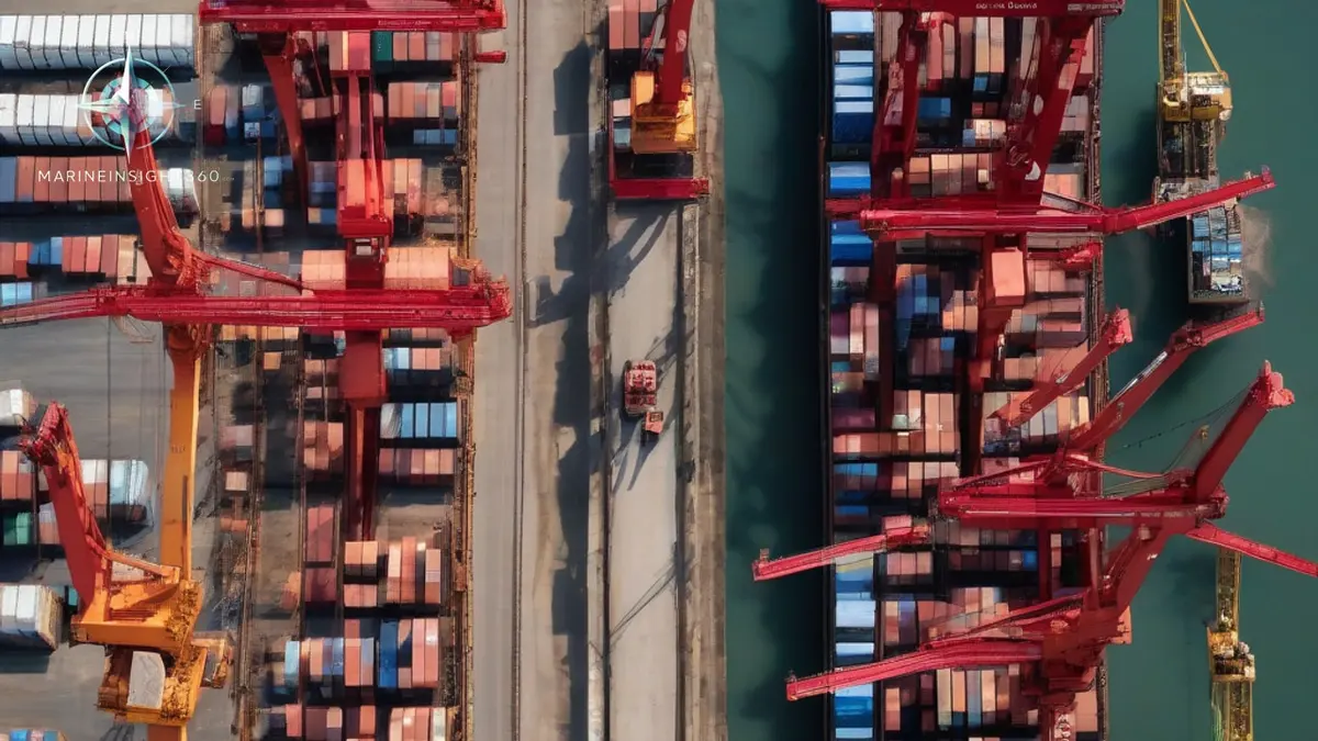 Ship-to-shore cranes working a feeder vessel at a container terminal berth in Karachi Port