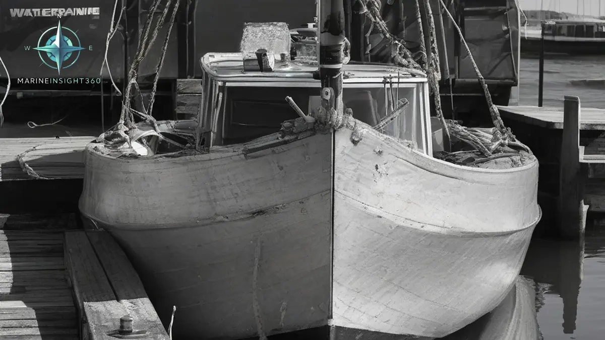 Small aluminium boat alongside a pontoon seen from the beam, showing bow, stern, gunwale and transom