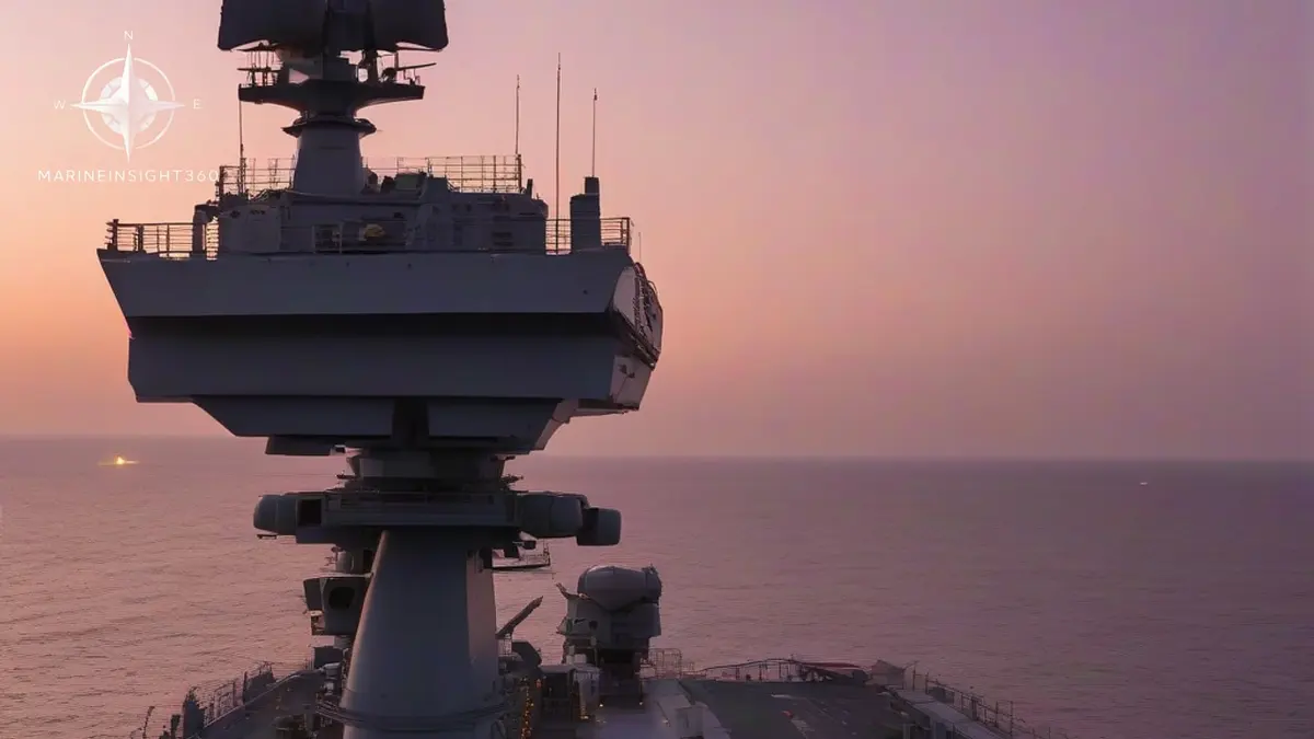 Warship air defence radar array and covered missile launcher trained outboard at dusk in the Gulf