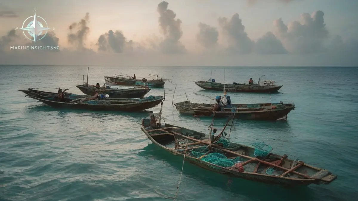 Wooden outrigger fishing boats working a reef edge with a coast guard cutter standing off
