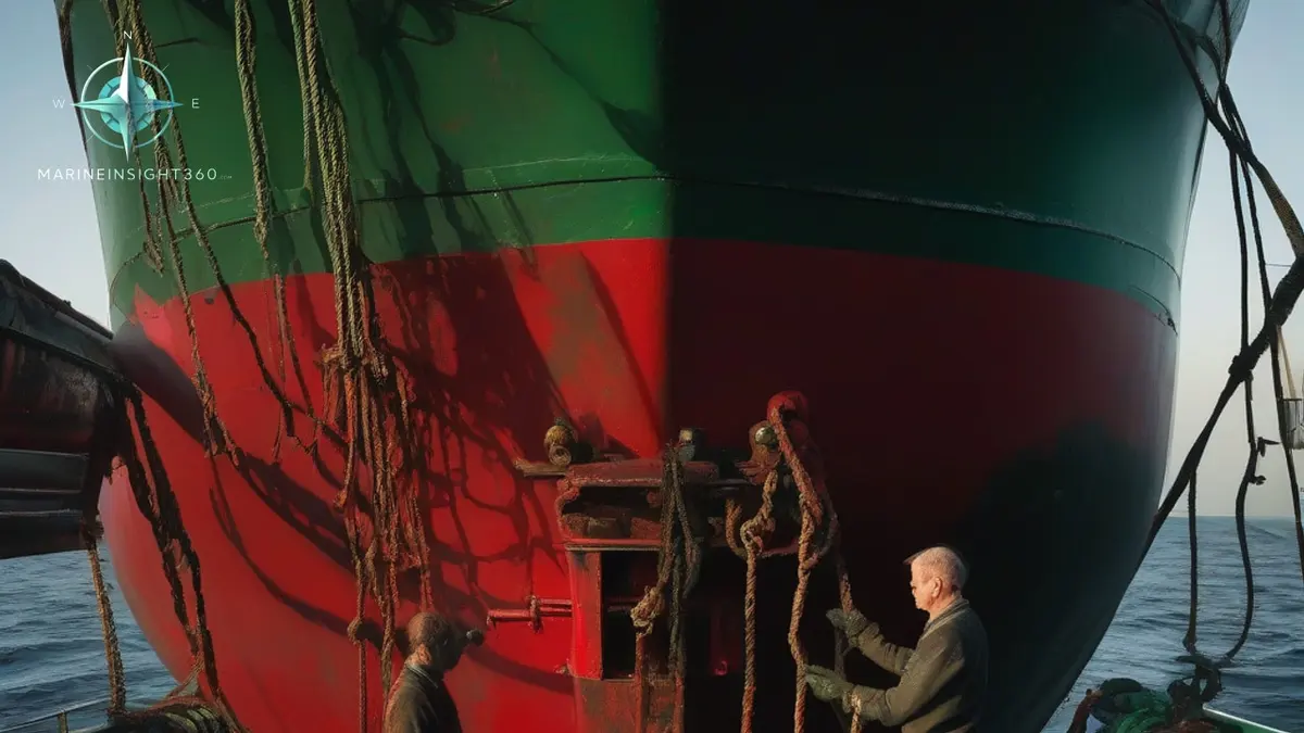 Red port and green starboard sidelights burning on a merchant ship's bow at dusk