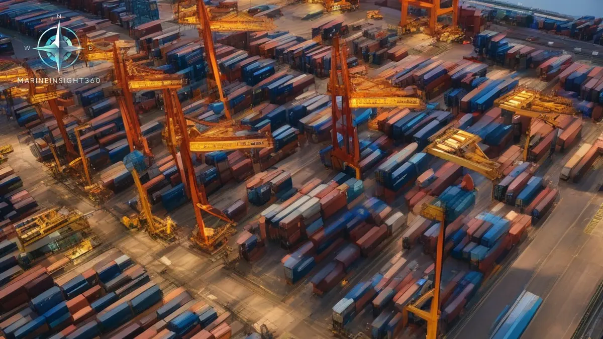 Automated stacking cranes and driverless container carriers working the yard of an automated terminal at dusk
