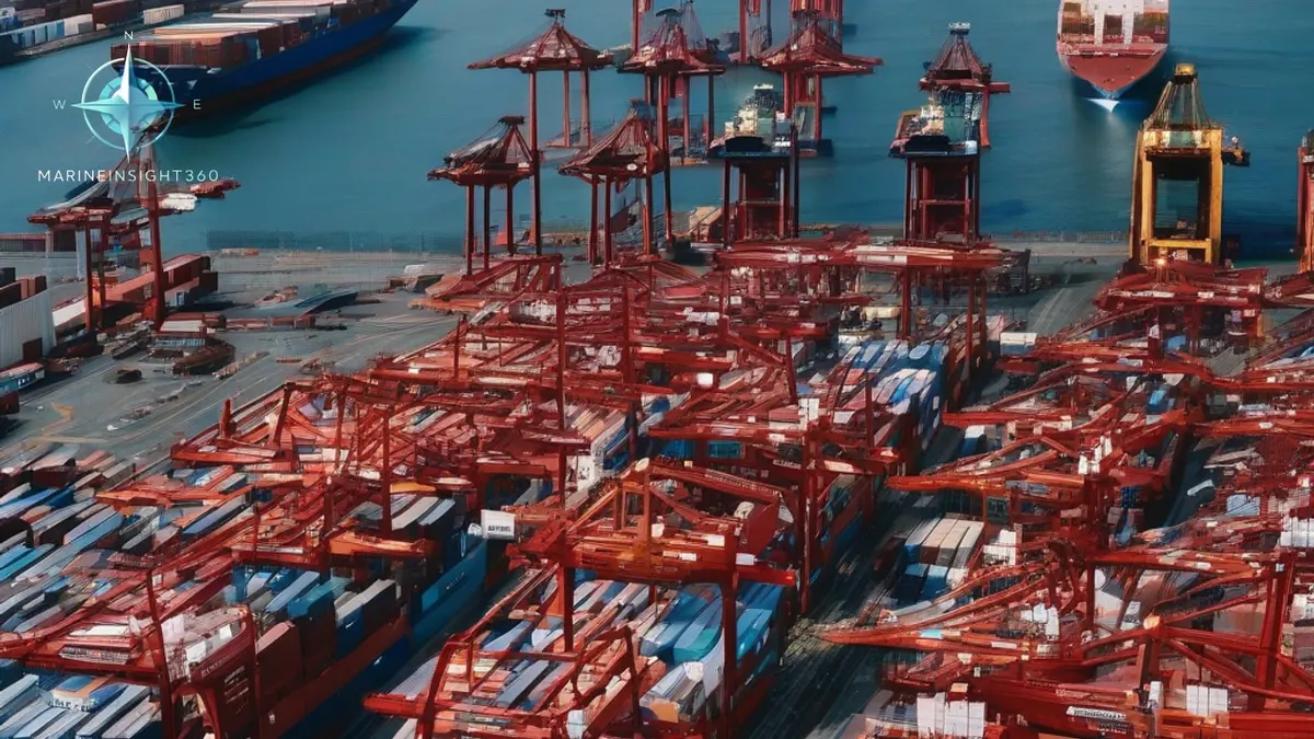 Container terminal at Yokohama, Japan with gantry cranes over a berthed ship and stacked containers