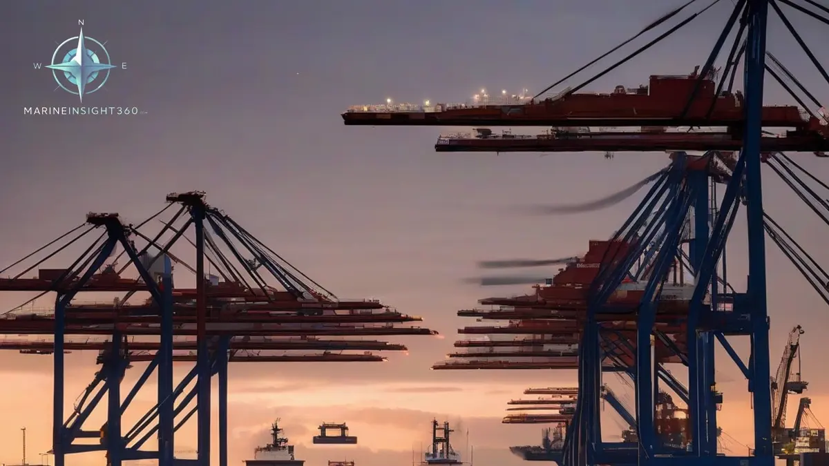 Automated container terminal at Maasvlakte in the Port of Rotterdam with an inland barge alongside