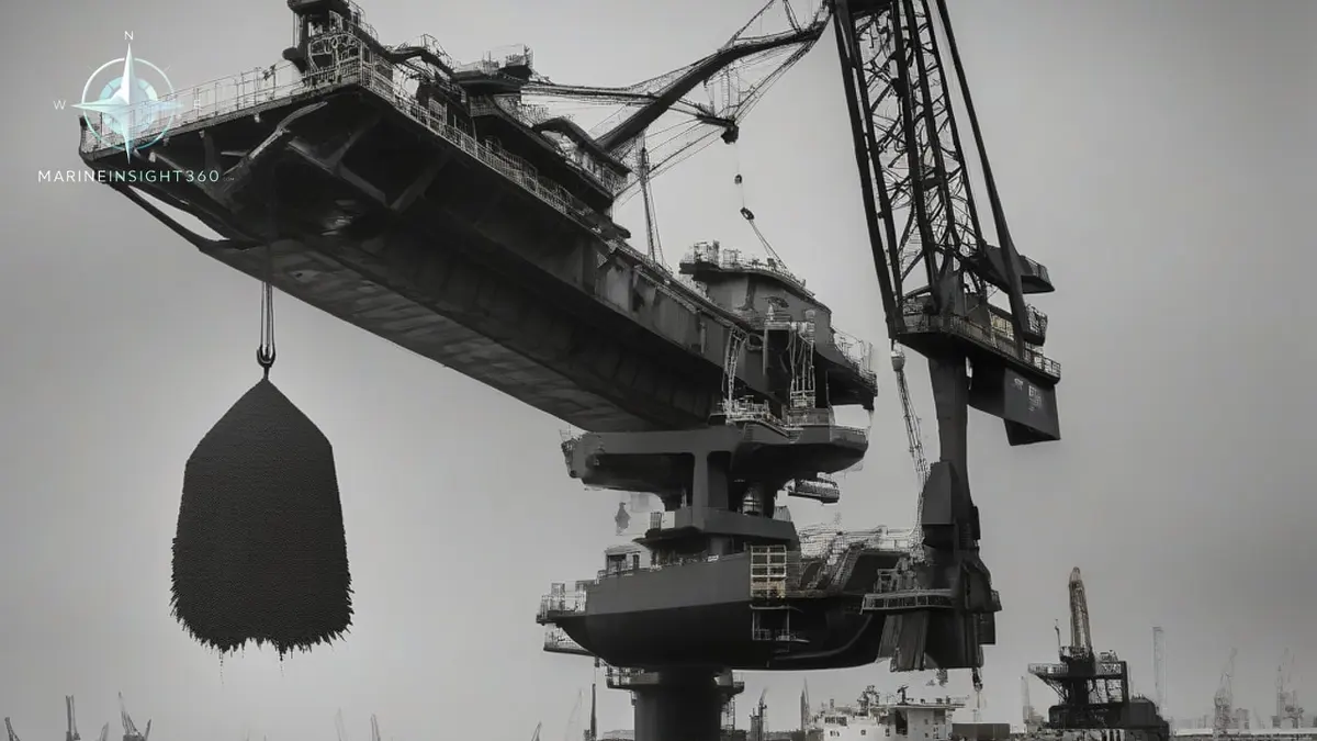 Electric grab crane on a floating transshipment barge discharging coal into a bulk carrier alongside