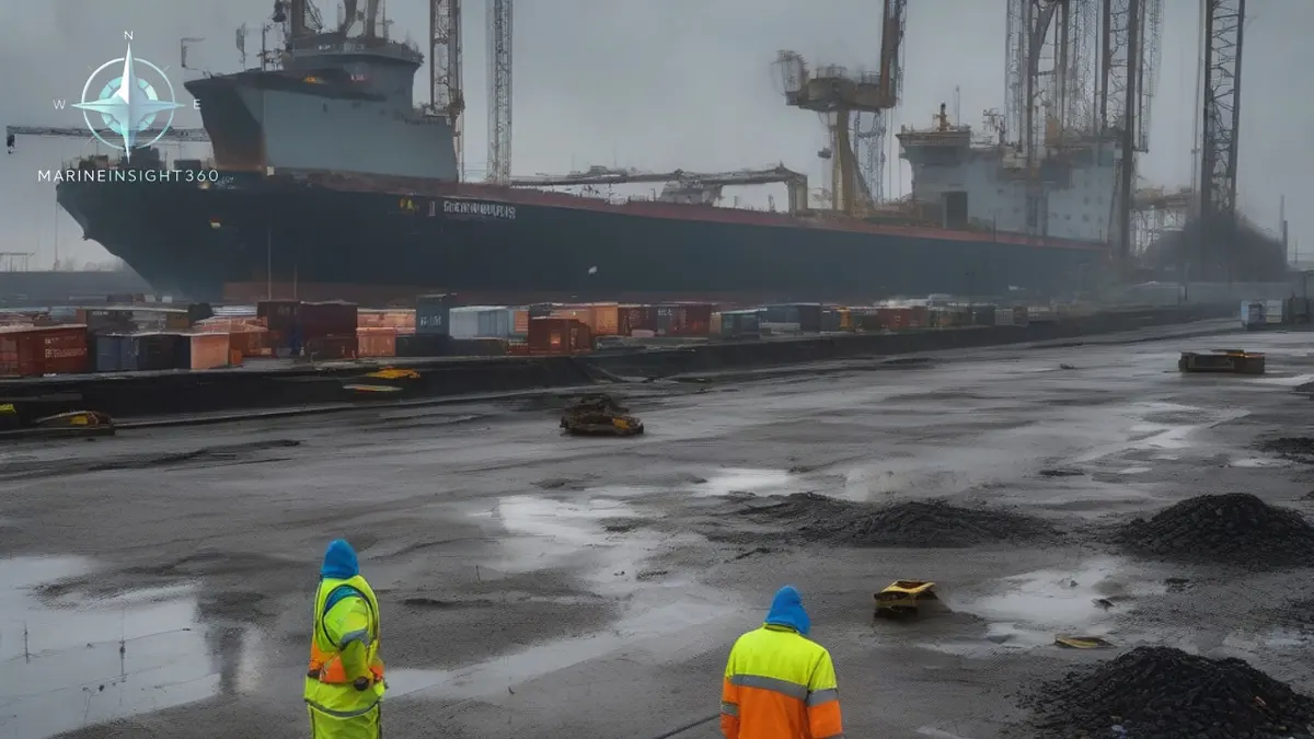 Torn warehouse roof and scattered debris beside a grain quay at a Ukrainian Black Sea port