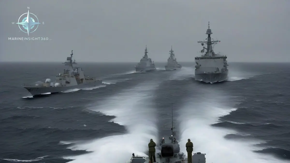 Two NATO warships steaming in company through a cold grey Baltic sea under leaden overcast