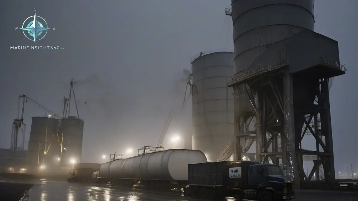Blacked-out grain silos and conveyors at Odesa port lit by a generator flood beside an idle bulker