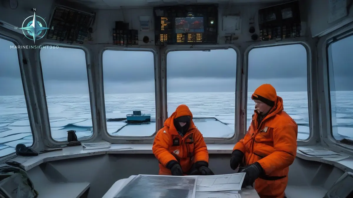 Seafarers on an ice-class vessel's bridge watching the bow break through broken Arctic sea ice
