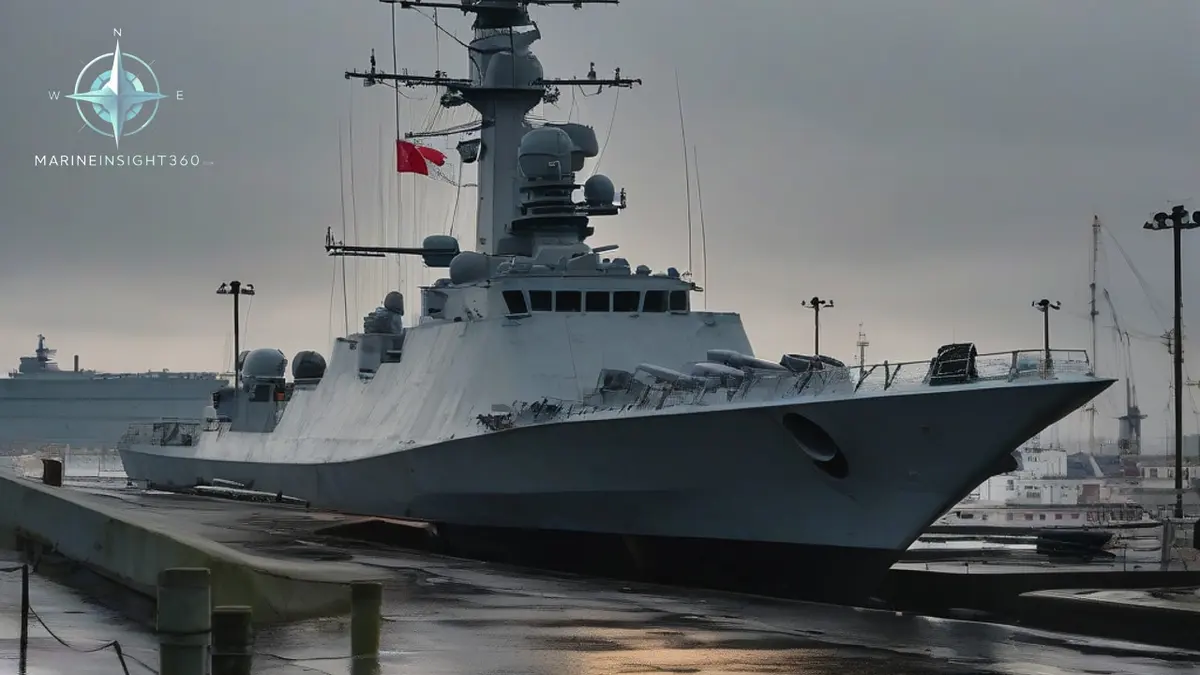 Grey navy escort corvette moored at a weathered Black Sea naval quay at dusk