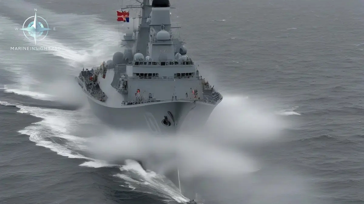 Grey navy frigate transiting the English Channel in a short steep sea under low overcast