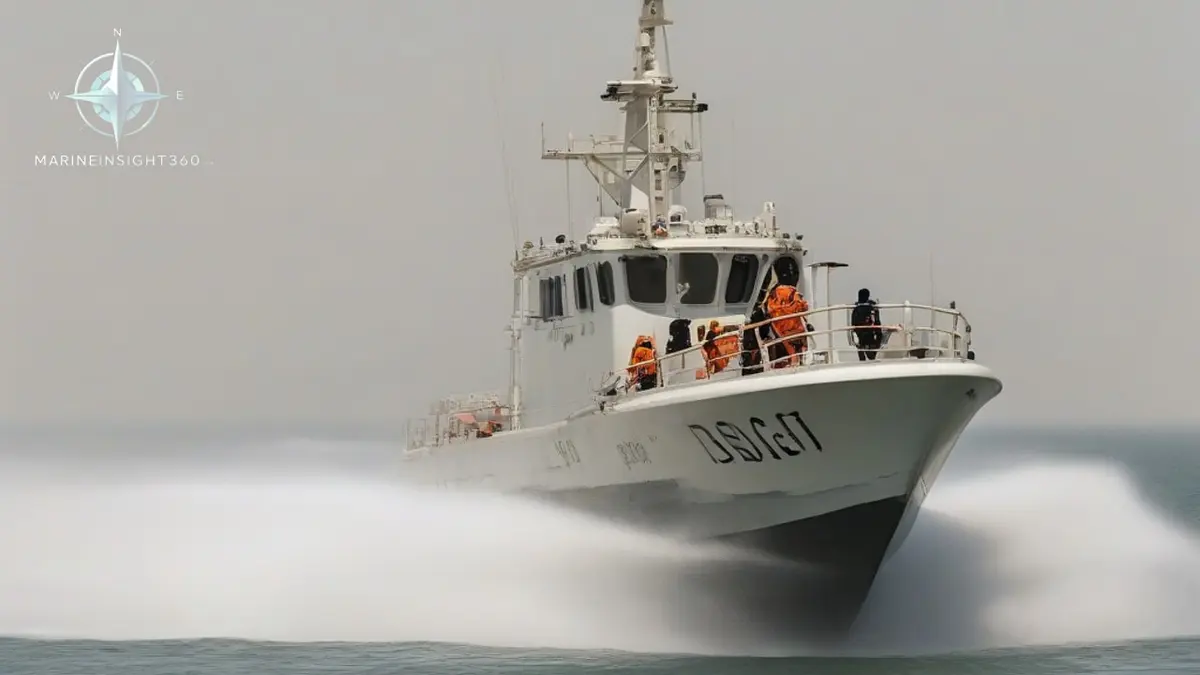 Saudi coast guard patrol boat running at speed across the hazy Gulf with a distant tanker