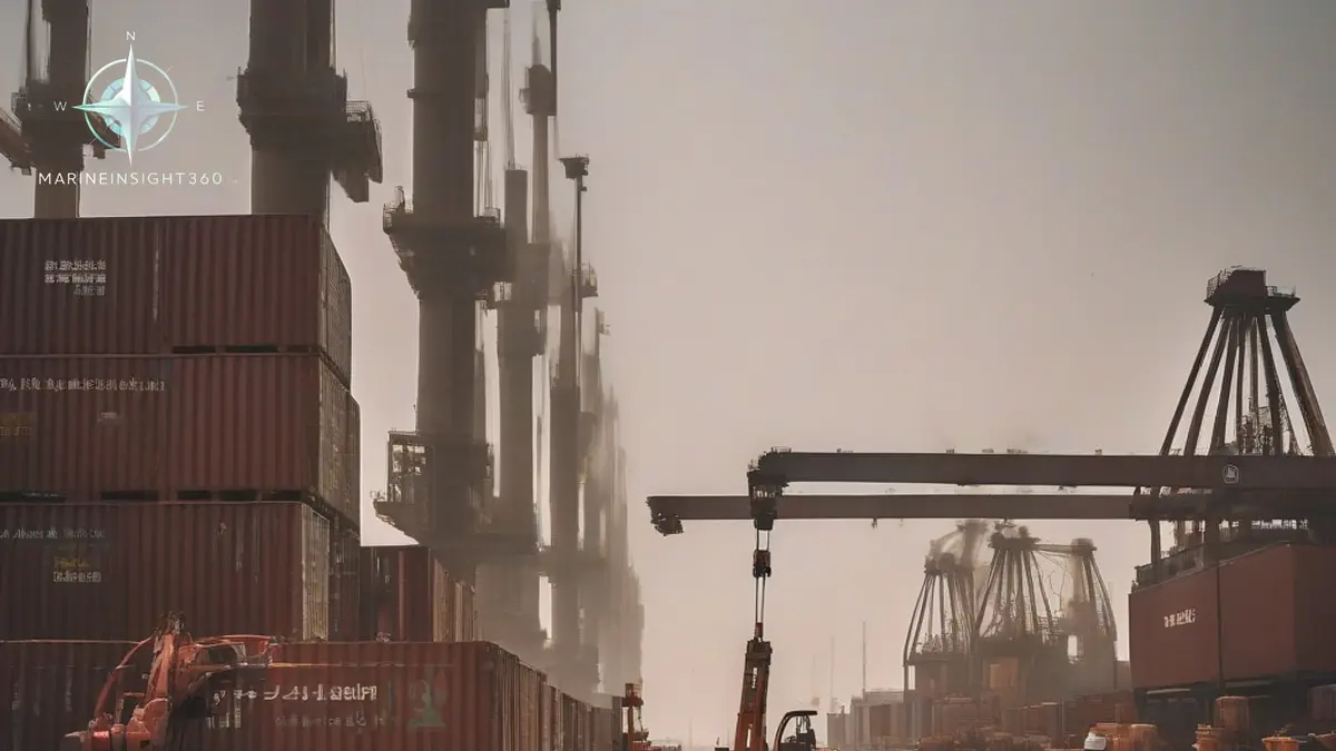 General cargo ship loading pallets of bagged petrochemical product at a dusty Saudi export berth