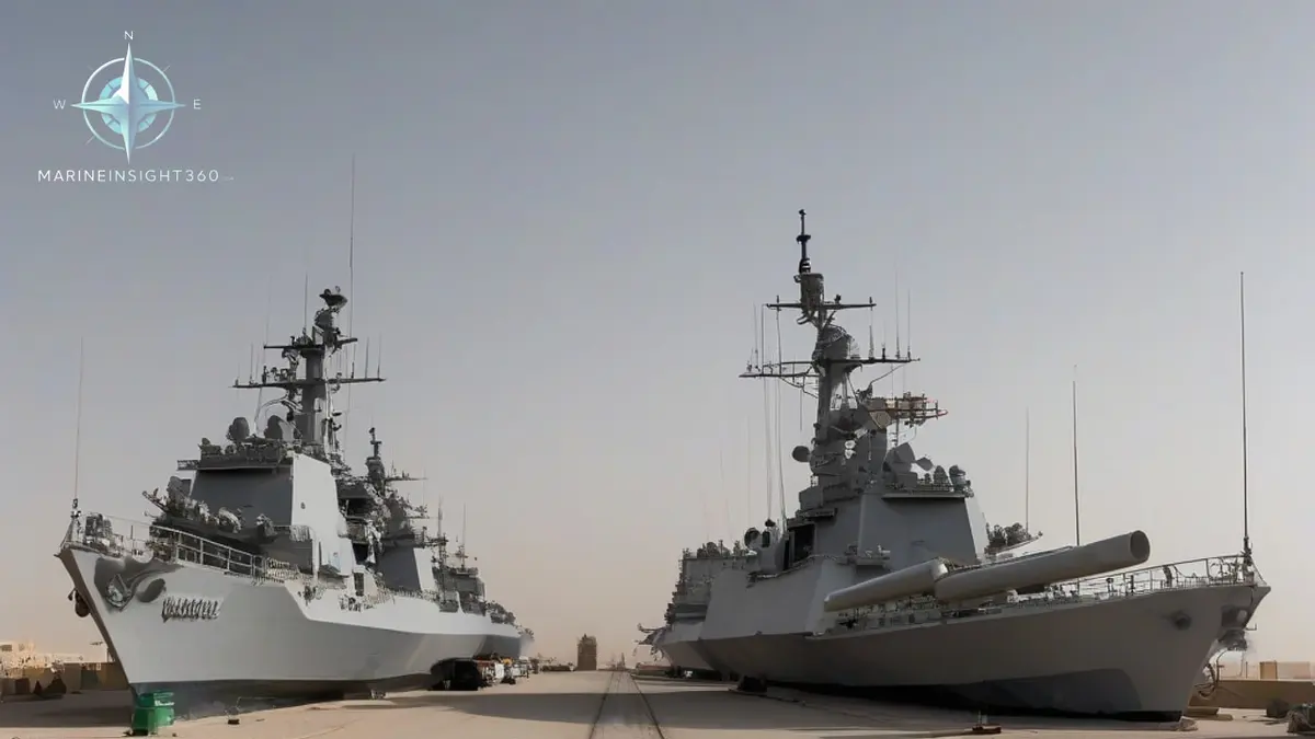 Two grey warships of different navies moored alongside at a Red Sea naval base at dawn