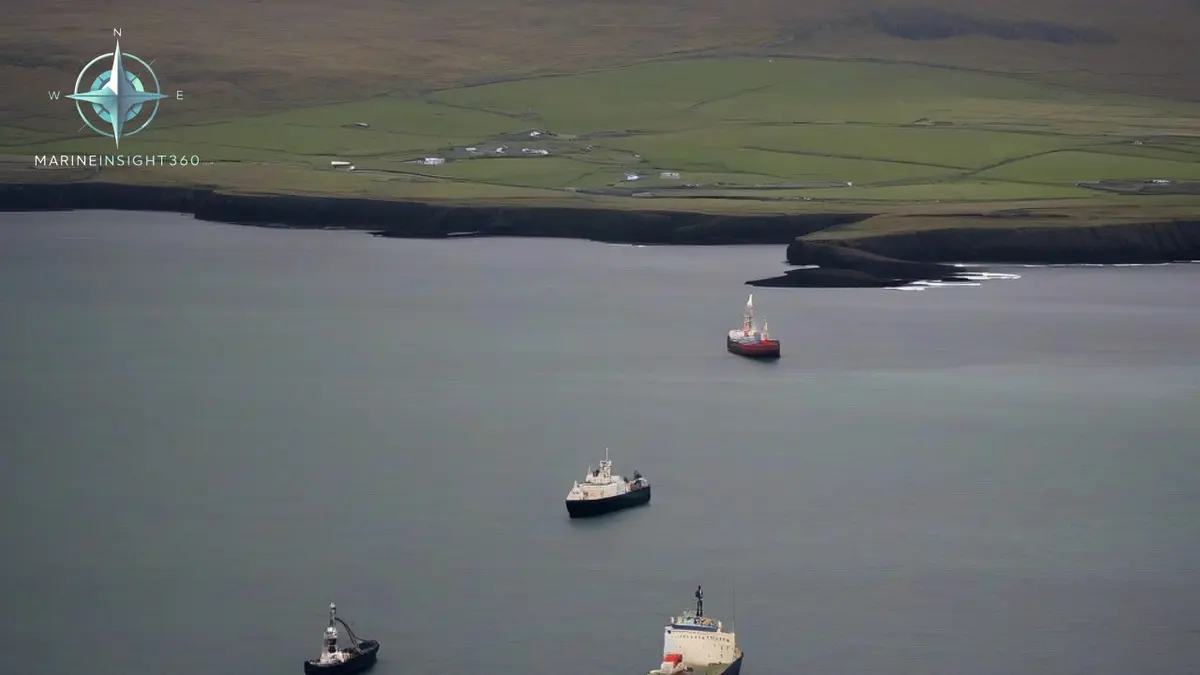 Vessels lying at anchor in the sheltered basin of Scapa Flow, Orkney, with the bare hills of Hoy beyond