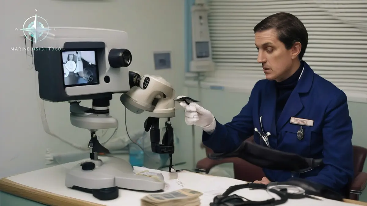 Vision screening instrument and colour plates on a doctor's desk during a seafarer medical
