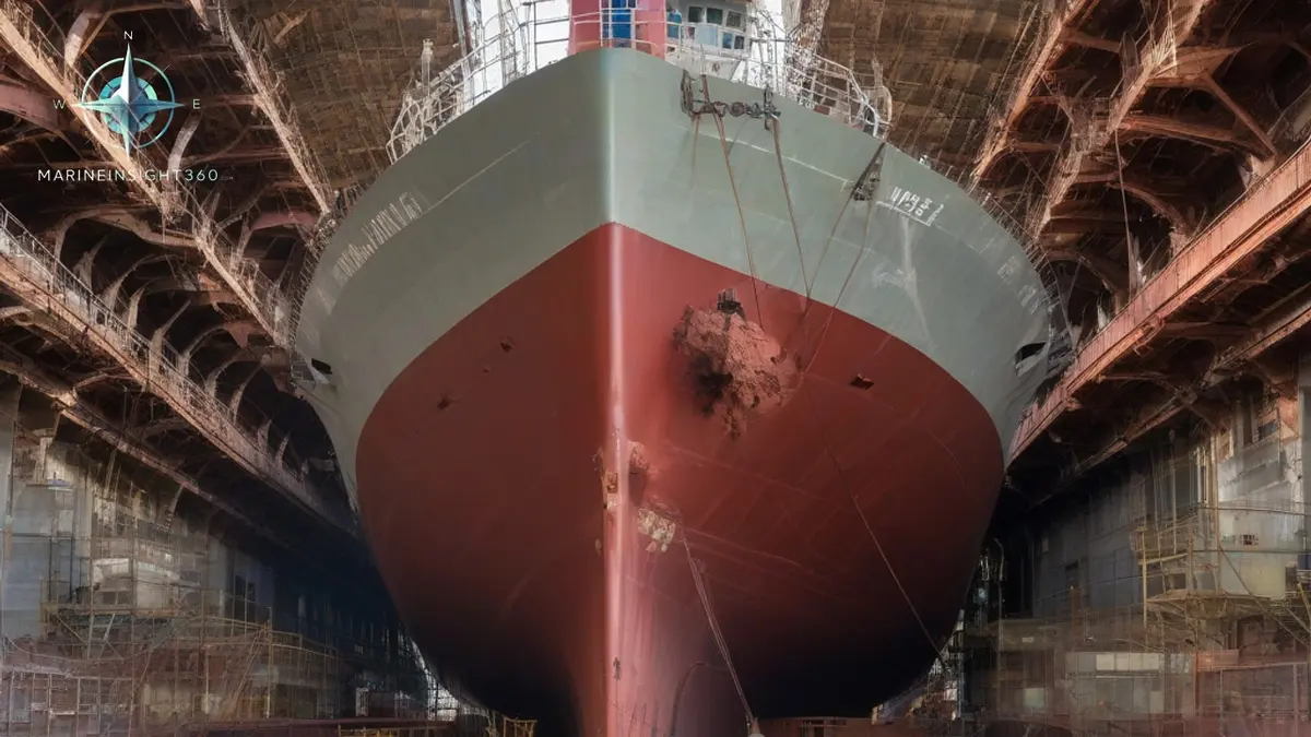 Cargo ship in dry dock on keel blocks with staging erected and hull blasting under way on the bottom plating