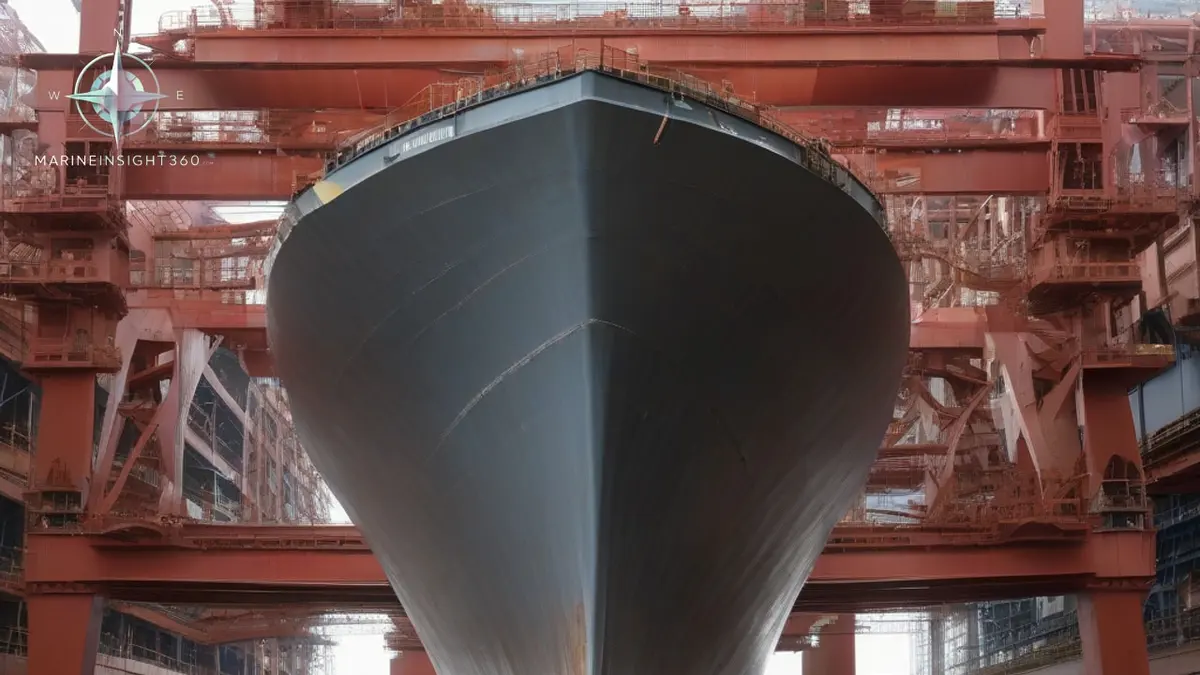 Merchant hull under construction in a building dock at a large East Asian shipbuilding yard
