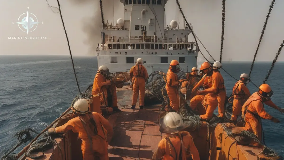 Merchant crew mustering on a foredeck rigging razor wire and hoses before a high-risk transit