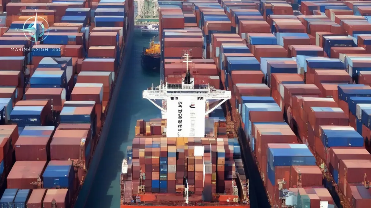 Container ship and bulk carrier at a busy port
