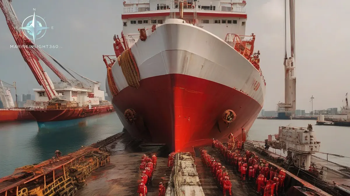 Bulk carrier at anchor in Singapore's eastern anchorage flying the Singapore ensign at first light