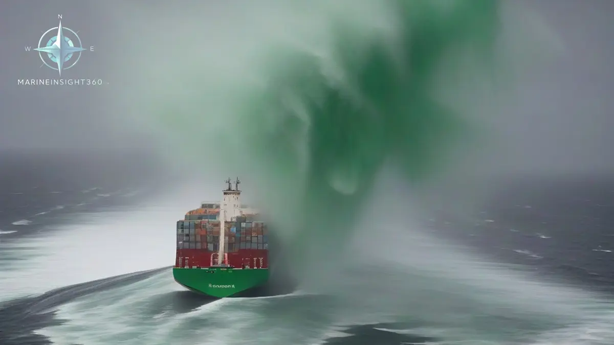 Laden container ship rounding the Cape of Good Hope in heavy grey southwesterly swell