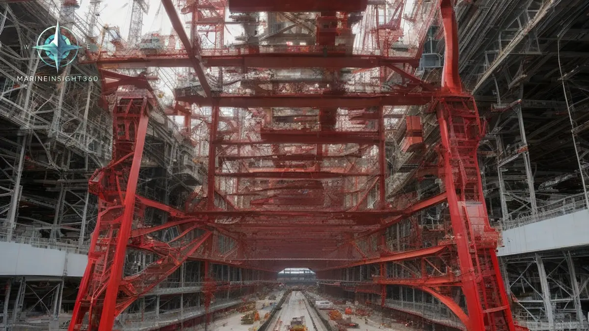 LNG carrier hull blocks under construction in a South Korean shipbuilding dock
