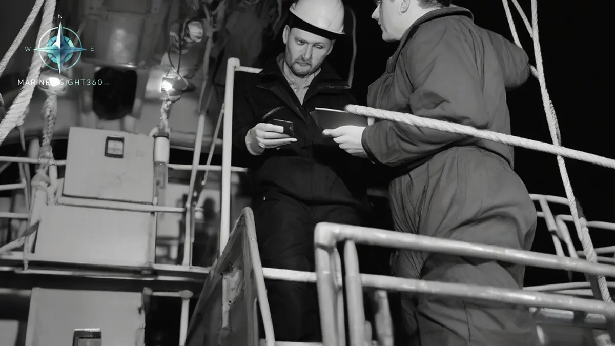 Officer checking identity documents at a ship gangway watch during a night port call