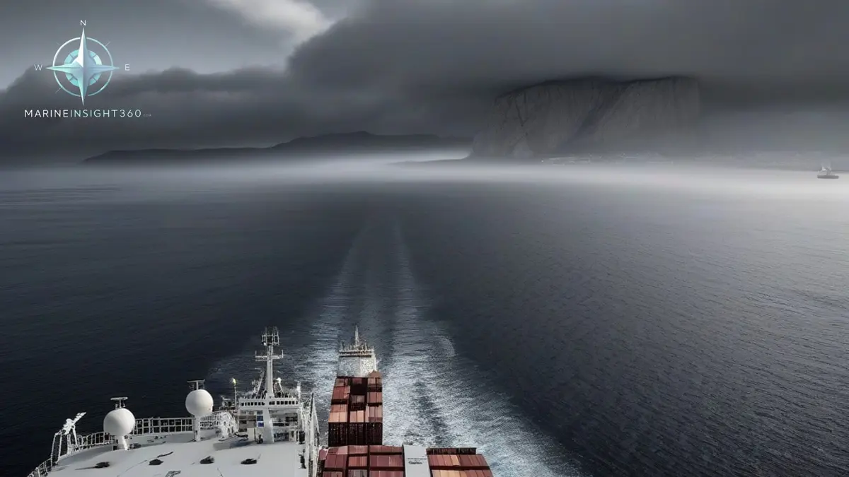 The Strait of Gibraltar at dawn from a ship's bridge wing, the Rock to starboard and Morocco to port
