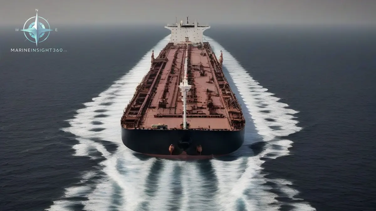 Laden crude tanker transiting the Strait of Hormuz at dawn with a patrol craft on the beam