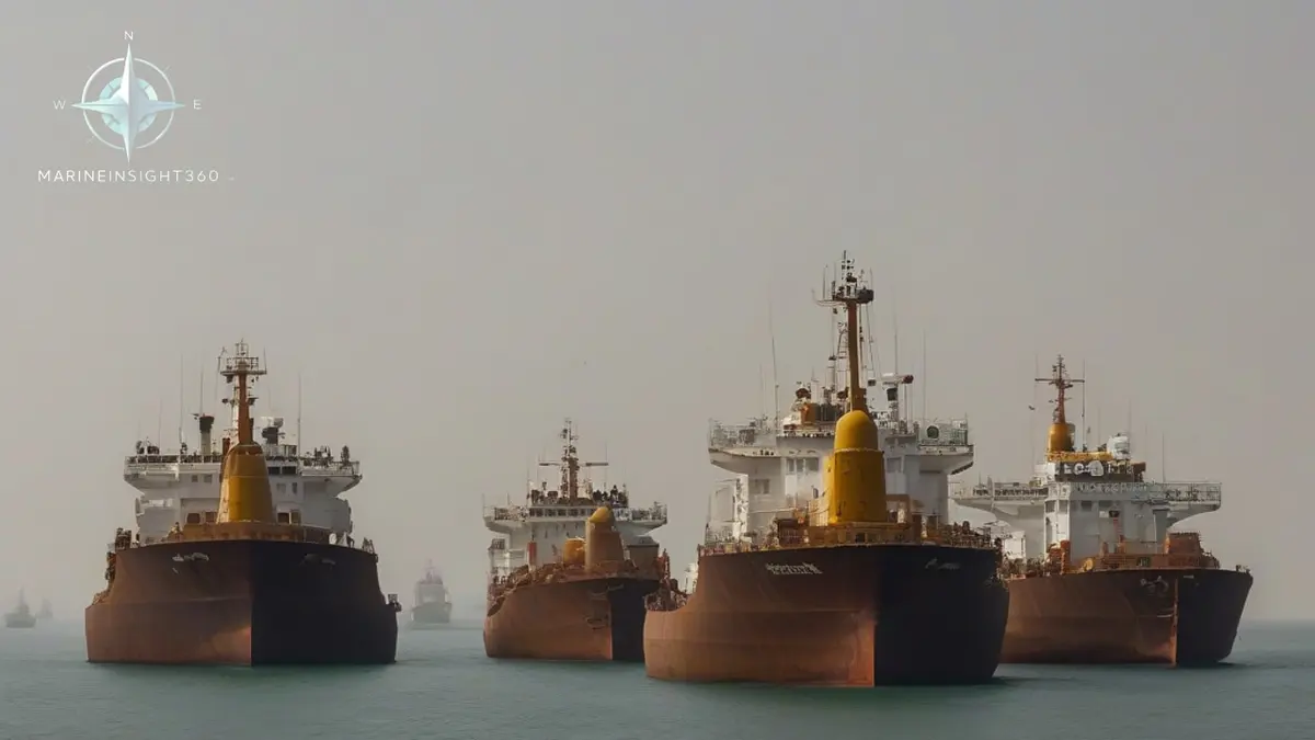 Queue of laden tankers held at anchor at the eastern entrance to the Strait of Hormuz